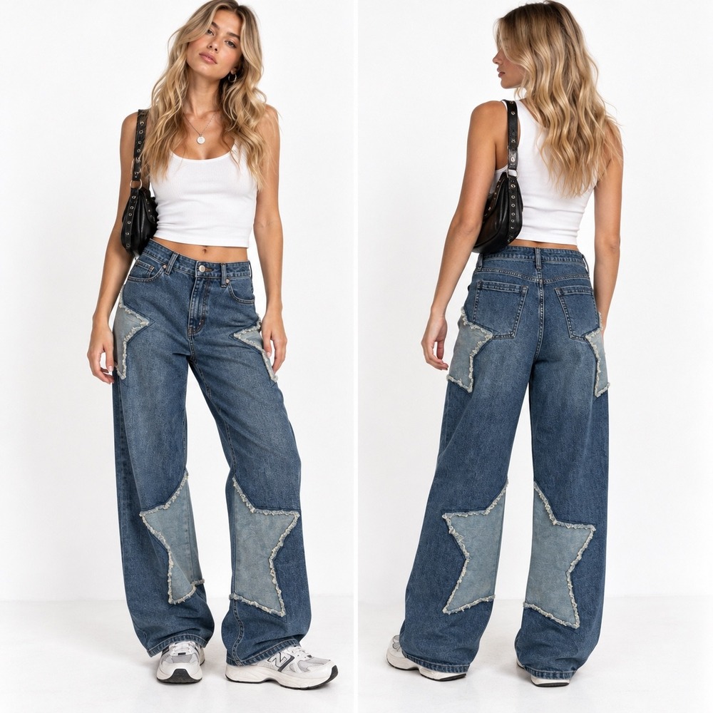 Hot Topic Star Patch Baggy Wide Leg Jeans Womens Sz 9 Blue Y2K Streetwear Denim